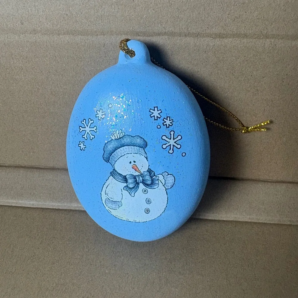 Hand Painted Blue Snowman Christmas Ornament Glitter Sparkle 2001‎ w Bell